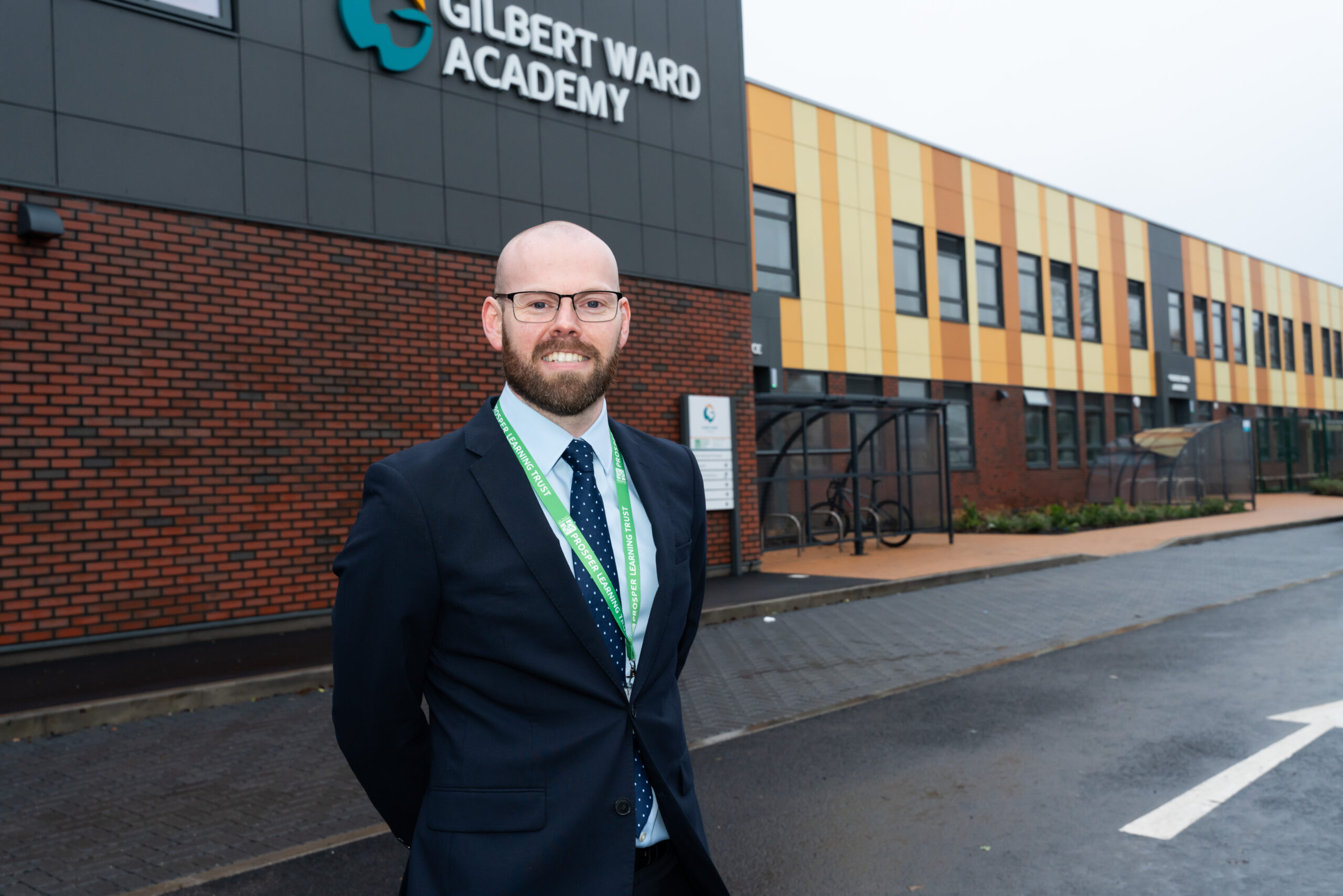 Barry Reed, Headteacher, in front of his new school Gilbert Ward Academy, Blyth